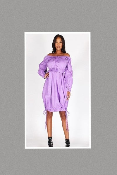 Ribbon Detailing Off Shoulder Dress w/Belt and Side Pockets