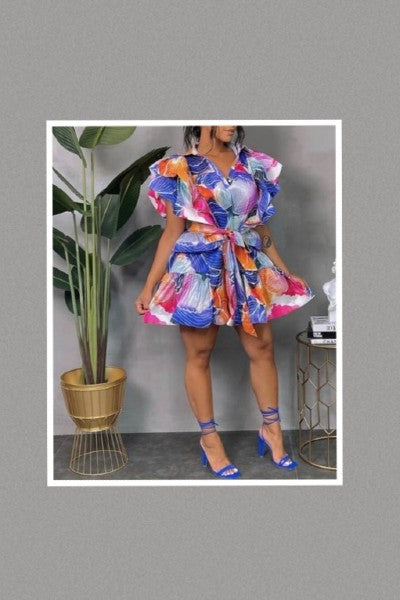 Collar Balloon Ruffle Sleeve Flare Tied Dress