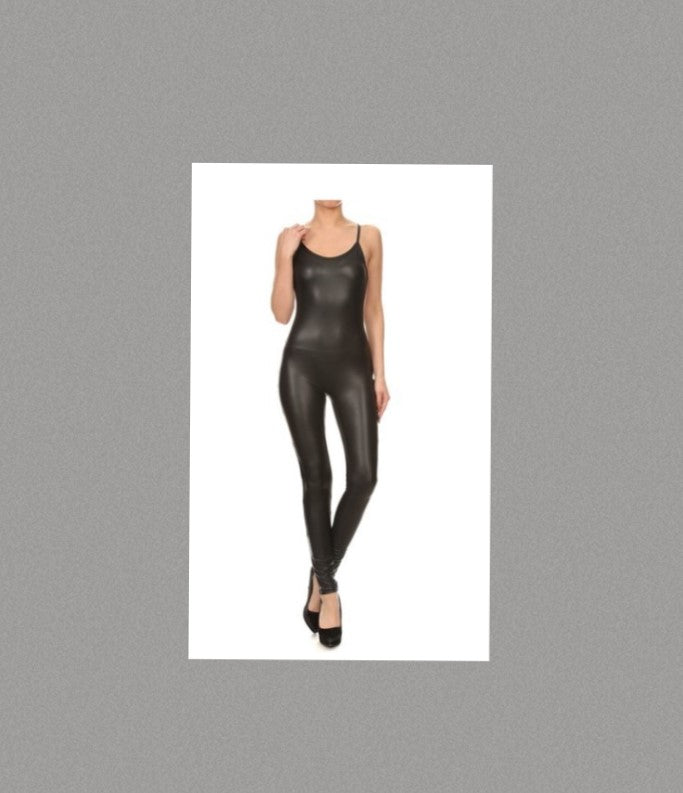 Sexy Faux Matte Leather Spaghetti Strap Jumpsuit