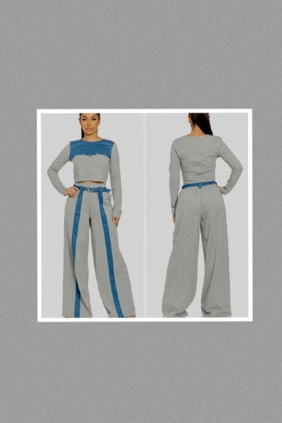 Color Block High Waisted Contrast Denim Pants Set