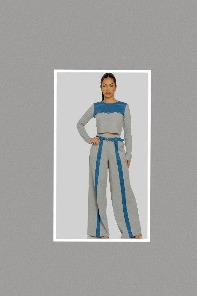 Color Block High Waisted Contrast Denim Pants Set