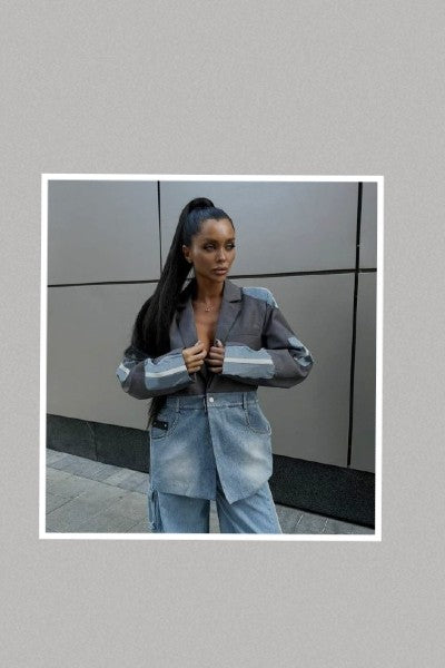 Denim Oversize Stripe Patchwork Shoulder Blazer