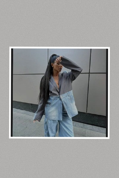 Denim Oversize Stripe Patchwork Shoulder Blazer