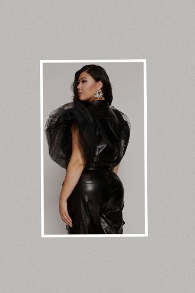 Plus Size Faux Leather Tulle Flutter Sleeve Jacket