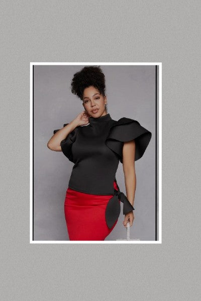 Plus Size Large Ruffle Sleeve Keyhole Stretch Side Tie Top