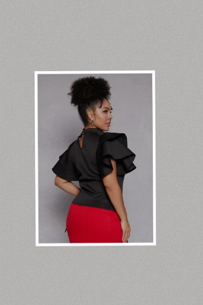 Plus Size Large Ruffle Sleeve Keyhole Stretch Side Tie Top