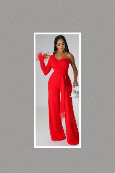 Babe Back One Shoulder Jumpsuit (Red)