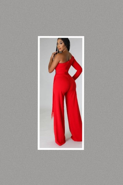Babe Back One Shoulder Jumpsuit (Red)