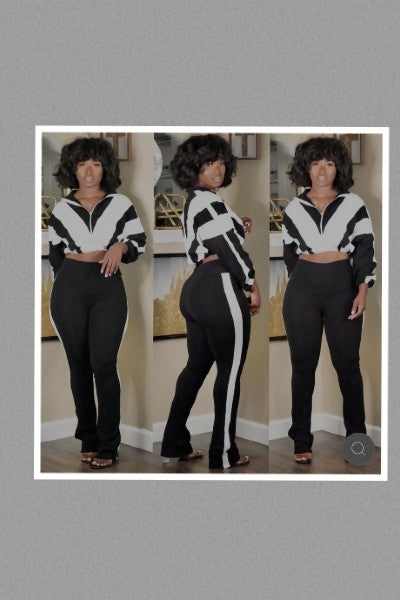 Color Block Tracksuit And Flare Pants Set (Black)