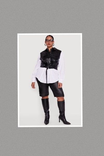 Plus Size Faux Belted Layered Snap Button Front Top