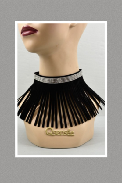 JB - Stone Trim and Suede Fringe Chocker Necklace