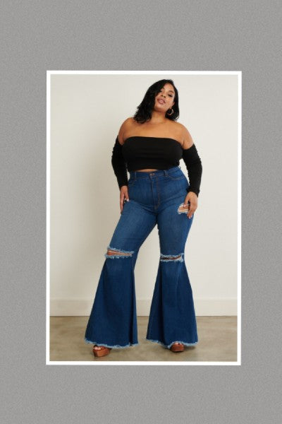 Plus Size How You Like Me High Waist Ripped Knee Bell Bottom Jeans