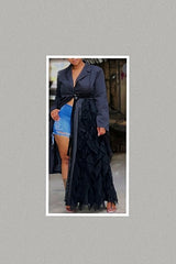 One Side Ruffle Cascade Tuxedo Dress/Blazer (Black)