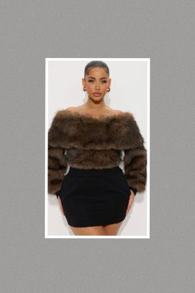 I'm Everything You Want Coffee Brown Faux Fur Drape Off Shoulder Top