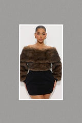 I'm Everything You Want Coffee Brown Faux Fur Drape Off Shoulder Top