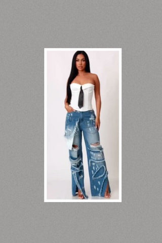Ripped Detail Utility Cargo Denim Pants
