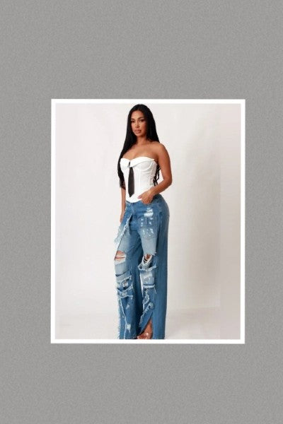 Ripped Detail Utility Cargo Denim Pants