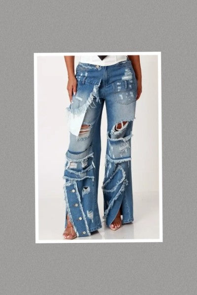 Ripped Detail Utility Cargo Denim Pants