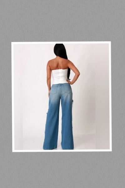 Ripped Detail Utility Cargo Denim Pants