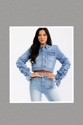 Ruched Sleeve Button Up Pockets Denim Washed Jacket