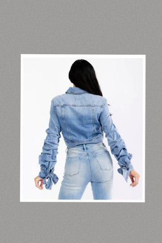 Ruched Sleeve Button Up Pockets Denim Washed Jacket