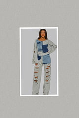 Denim Patches Distress Pants Set (Grey)