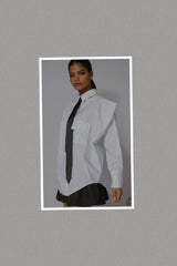 Sassy Oversize Folded Collar Button Down Tie Shirt