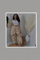 Oversized Wide Leg Ruffle Jogger Pants (Beige)