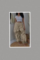 Oversized Wide Leg Ruffle Jogger Pants (Beige)