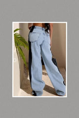Wide Leg Stripe Mix Denim Jeans (Black)