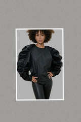 Leather Ruched Puff Sleeve Top (Black) Extended Sizes