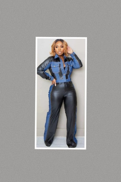 Wide Leg Denim & Faux Leather Set (Black)