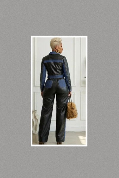Wide Leg Denim & Faux Leather Set (Black)