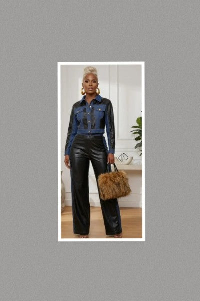 Wide Leg Denim & Faux Leather Set (Black)