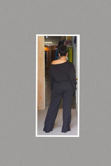Casual Terry Pant Set Ripped Off Shoulder Long Sleeves Two Piece Pant Set with Pockets (Black)