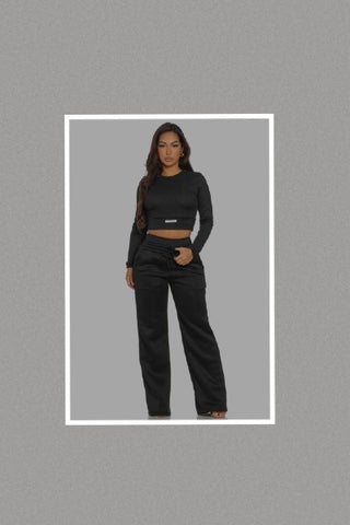 Ribbed Hand Made Top and Wide Leg Sweatpants Set (Black)