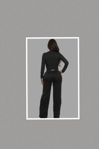 Ribbed Hand Made Top and Wide Leg Sweatpants Set (Black)