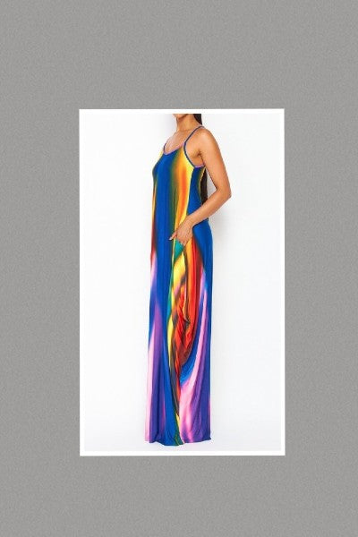 Colorful Sleeveless Maxi Dress w/Side Pockets (Blue/Yellow)