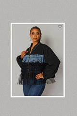 Baby Doll Ruffle Detail and Denim Patch Bomber Jacket (Black)