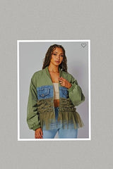 Baby Doll Ruffle Detail and Denim Patch Bomber Jacket (Olive)