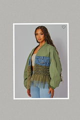 Baby Doll Ruffle Detail and Denim Patch Bomber Jacket (Olive)