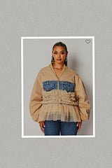 Baby Doll Ruffle Detail and Denim Patch Bomber Jacket (Mocha)