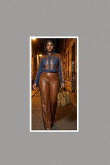 Wide Leg Denim & Faux Leather Set (Brown)