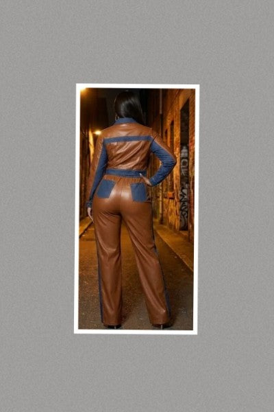Wide Leg Denim & Faux Leather Set (Brown)