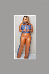 Wide Leg Denim & Faux Leather Set (Brown)