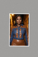 Plus Size Wide Leg Denim & Faux Leather Set (Brown)