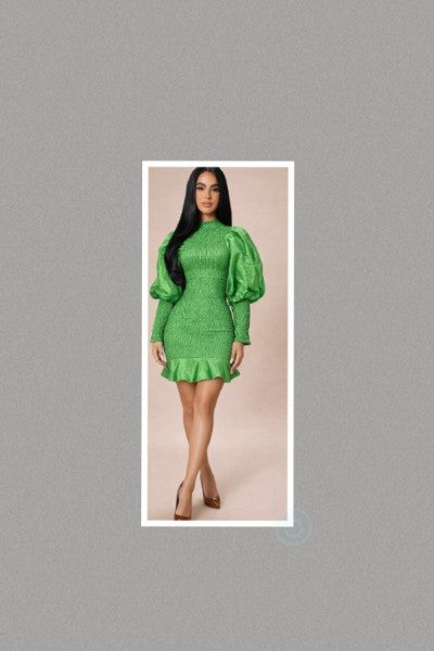 Flirty Fun Faux Silk Emerald Smocked Puff Sleeve Dress - One Size Fits Up To 12/14