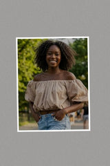 Poplin Bubble Hem Elastic Trim Off Shoulder Puff Sleeve Top (Beige)