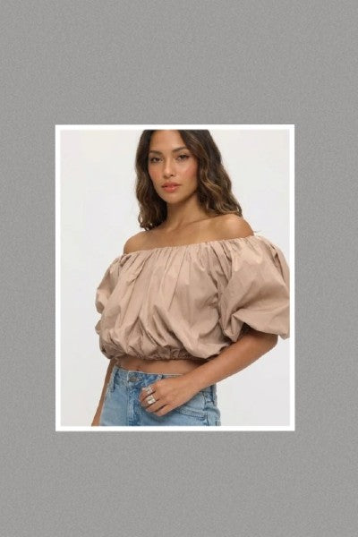 Poplin Bubble Hem Elastic Trim Off Shoulder Puff Sleeve Top (Beige)