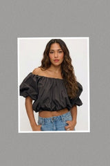 Poplin Bubble Hem Elastic Trim Off Shoulder Puff Sleeve Top (Black)